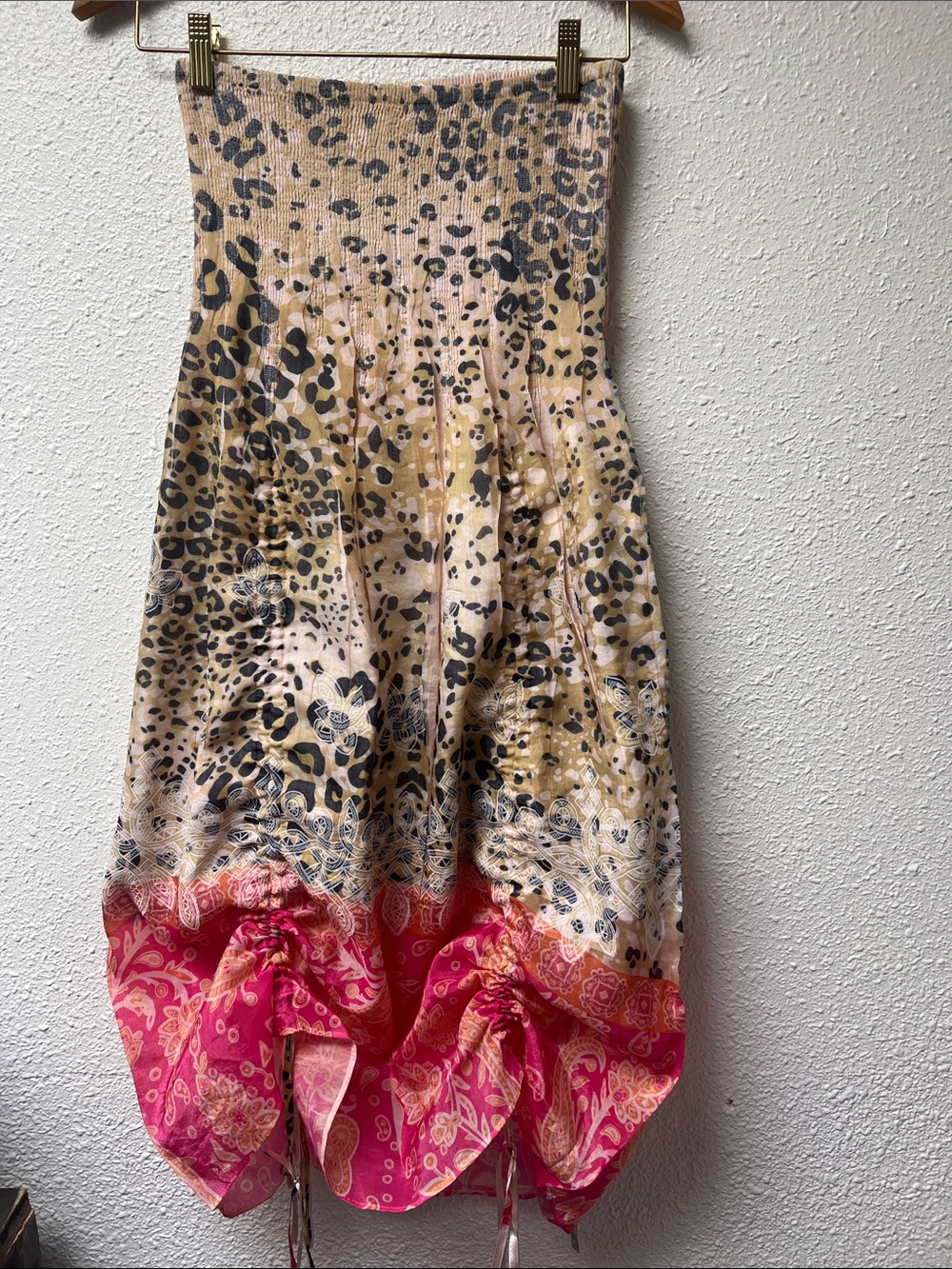 Lapis Strapless Leopard Print Dress with Pink Band Hem